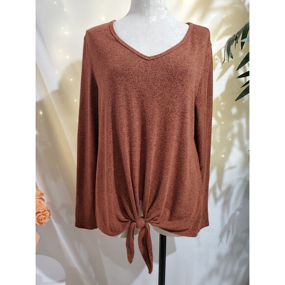 Vine & Love V-Neck Tie Hem Long Sleeve Pullover Sweater Womens Size L Soft Rust - Picture 1 of 7